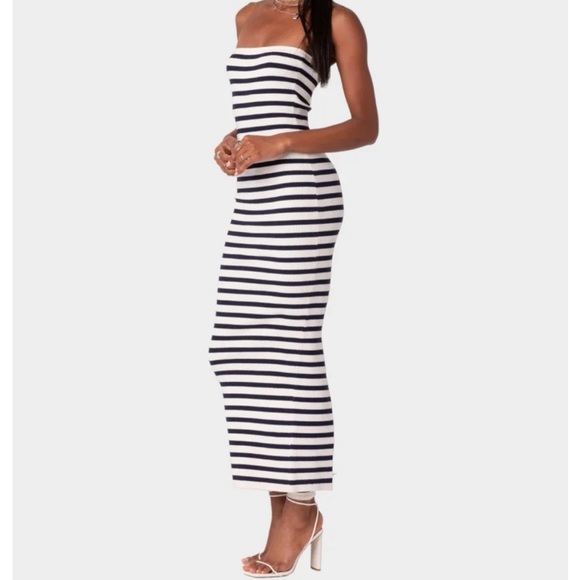 Tilly’s black and white striped ribbed midi dress size large with back slit - Picture 1 of 3